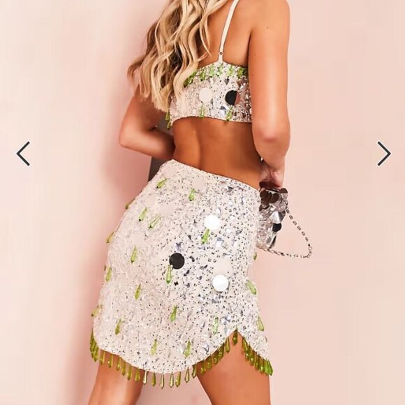 ASOS LUXE Crystal Gem Mirrored Green/Silver Mini Skirt - Picture 1 of 3